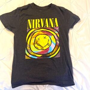grayish-black nirvana shirt with multicolored logo